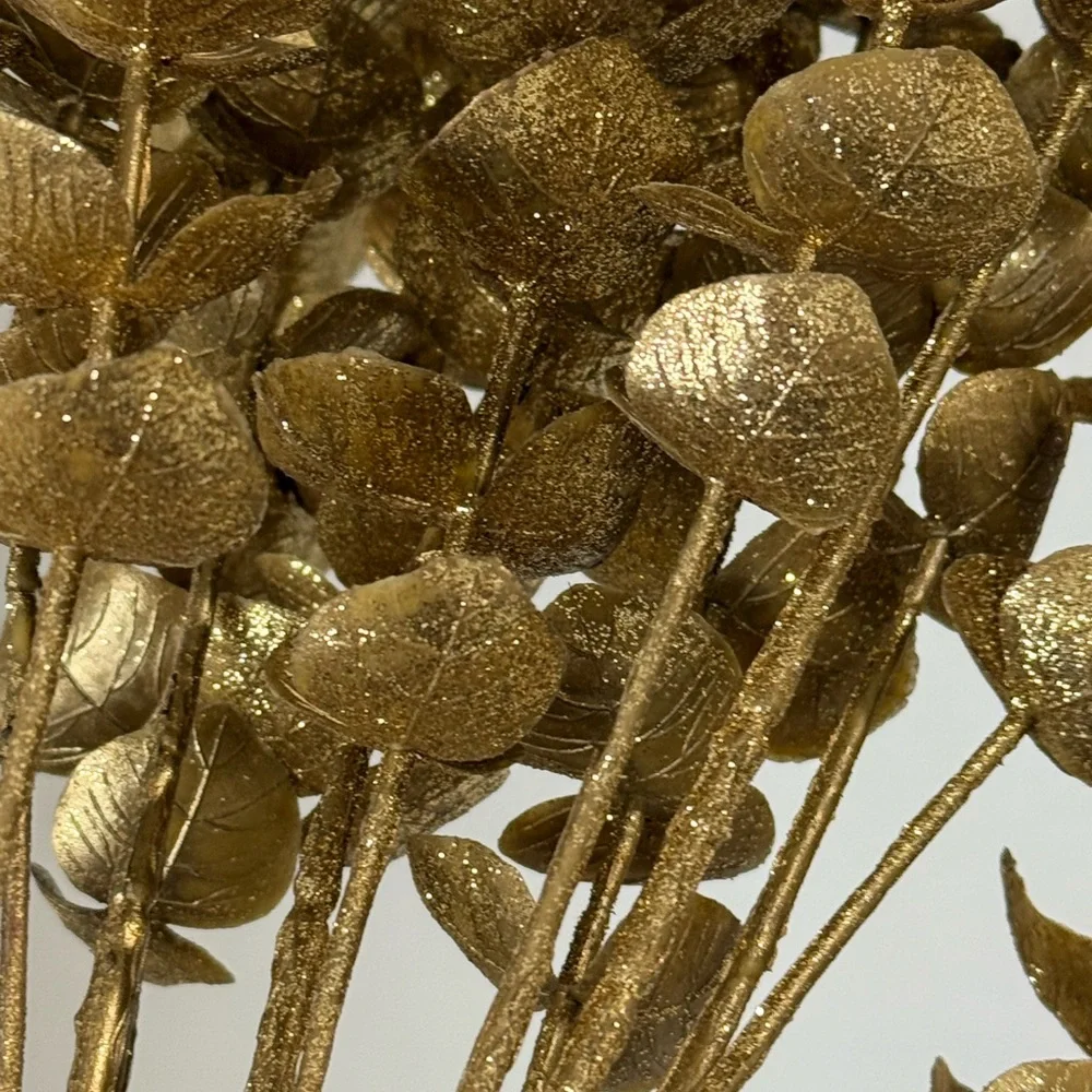 New Gold Metallic Faux Eucalyptus Christmas Floral Stems 26” - Set of 5